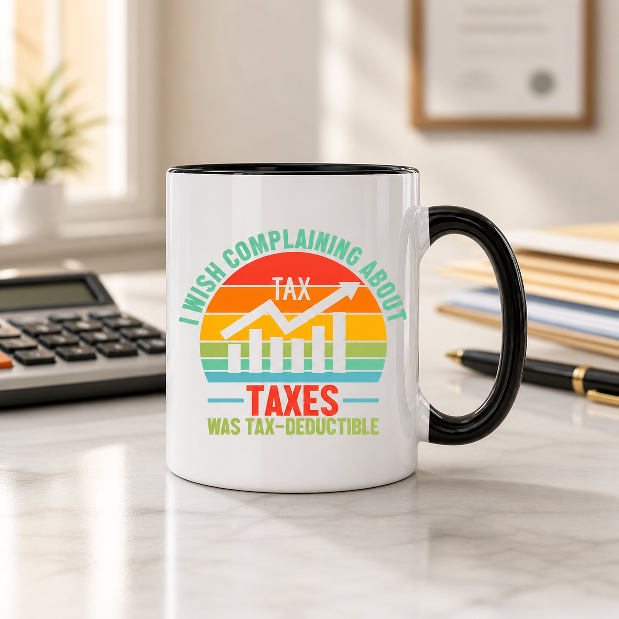 I Wish Complaining About Taxes Was Deductible black accent mug in a tax office