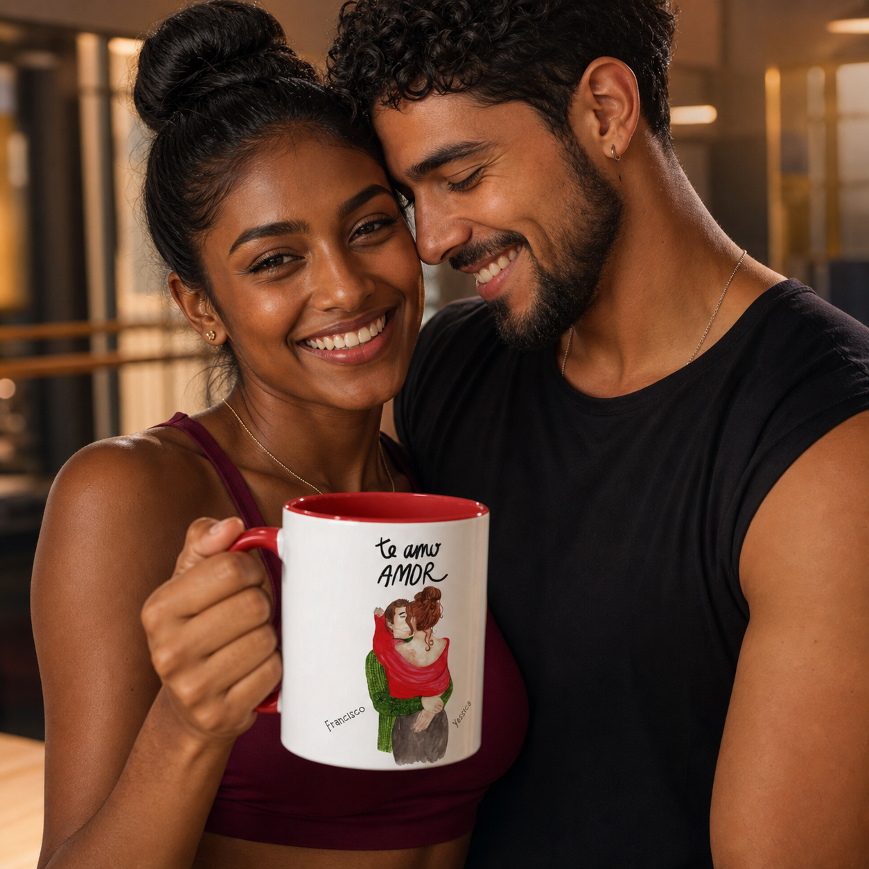 Young couple holding personalized red-accent Te Amo Amor mug after a dance class