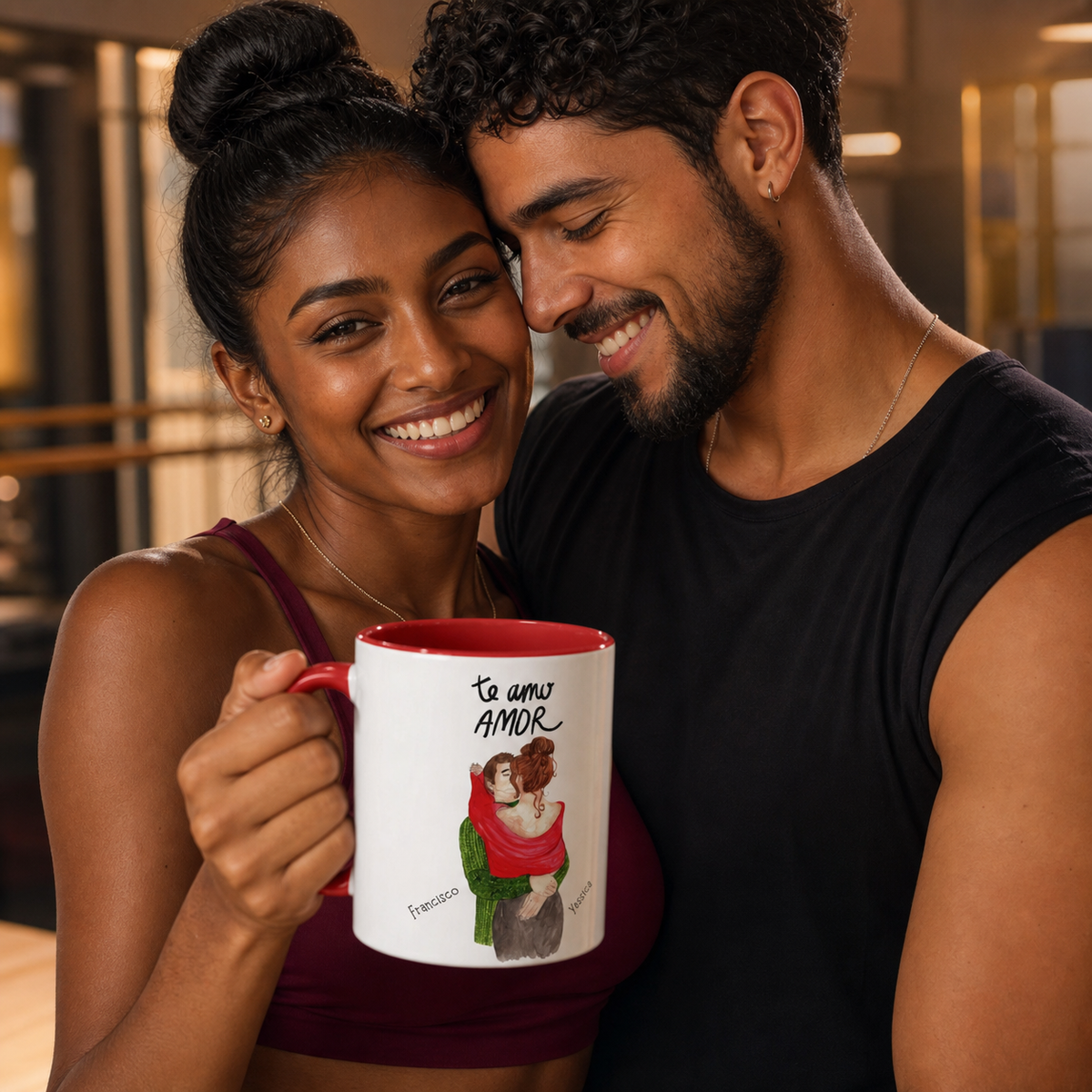 Young couple holding personalized red-accent Te Amo Amor mug after a dance class