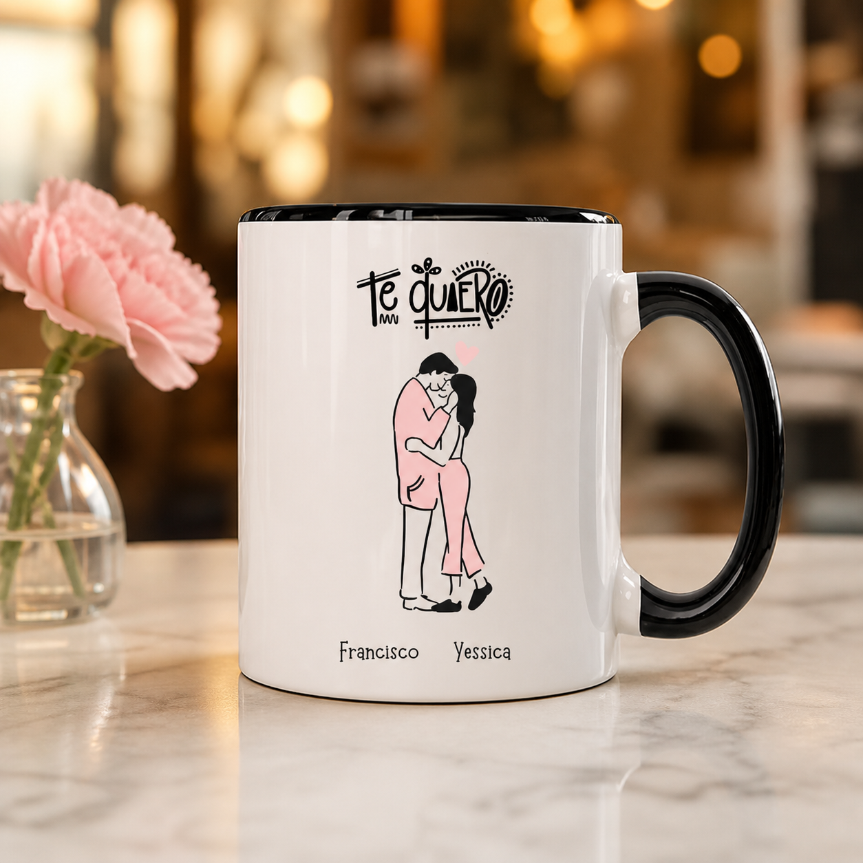 Personalized Te Quiero black accent mug in a romantic cafe setting