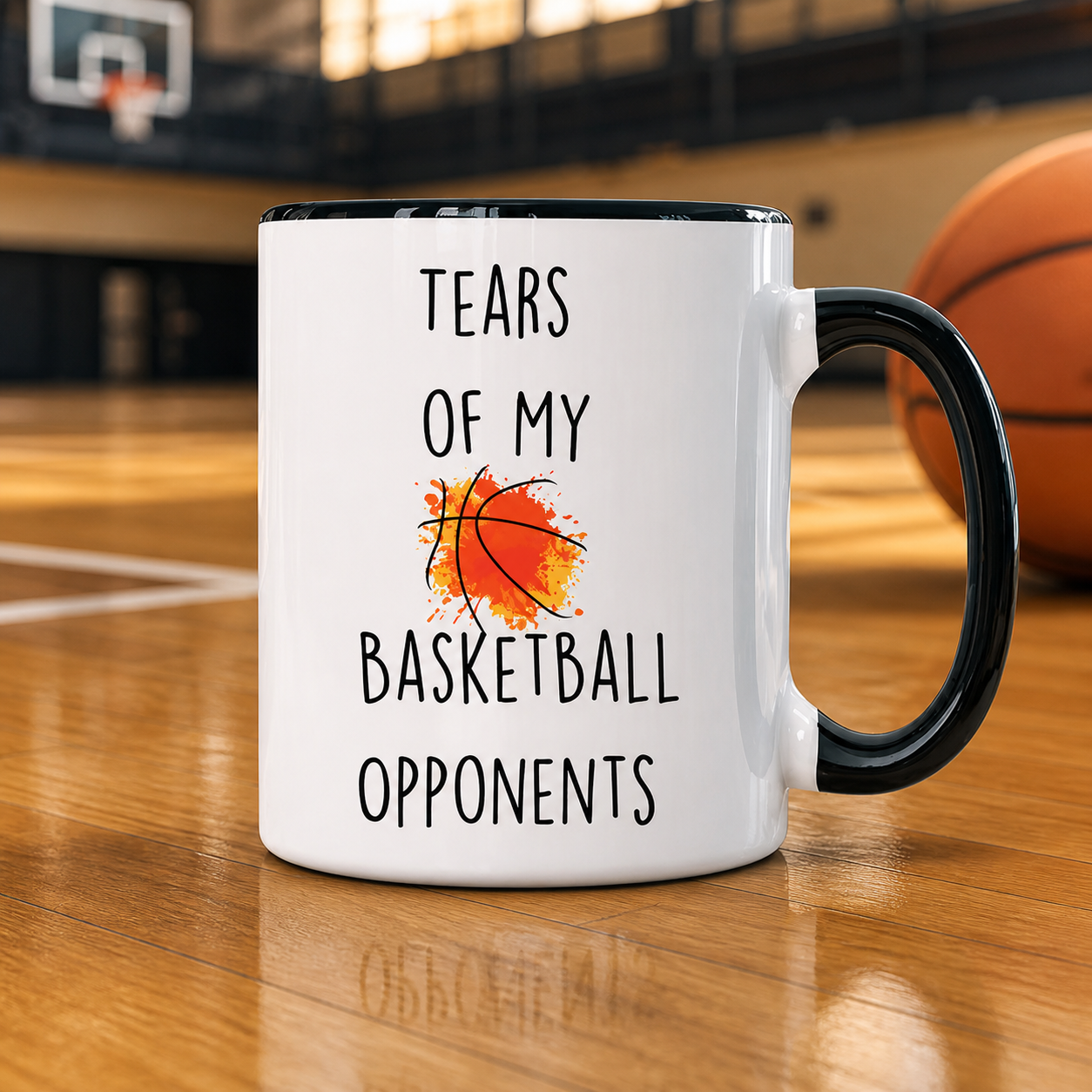 Tears of My Basketball Opponents black accent mug in a basketball lifestyle setting