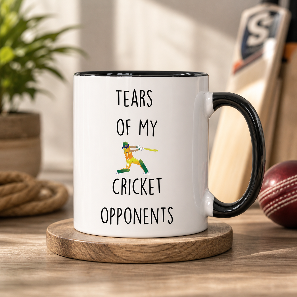 Tears of My Cricket Opponents black accent mug in a cricket lifestyle setting