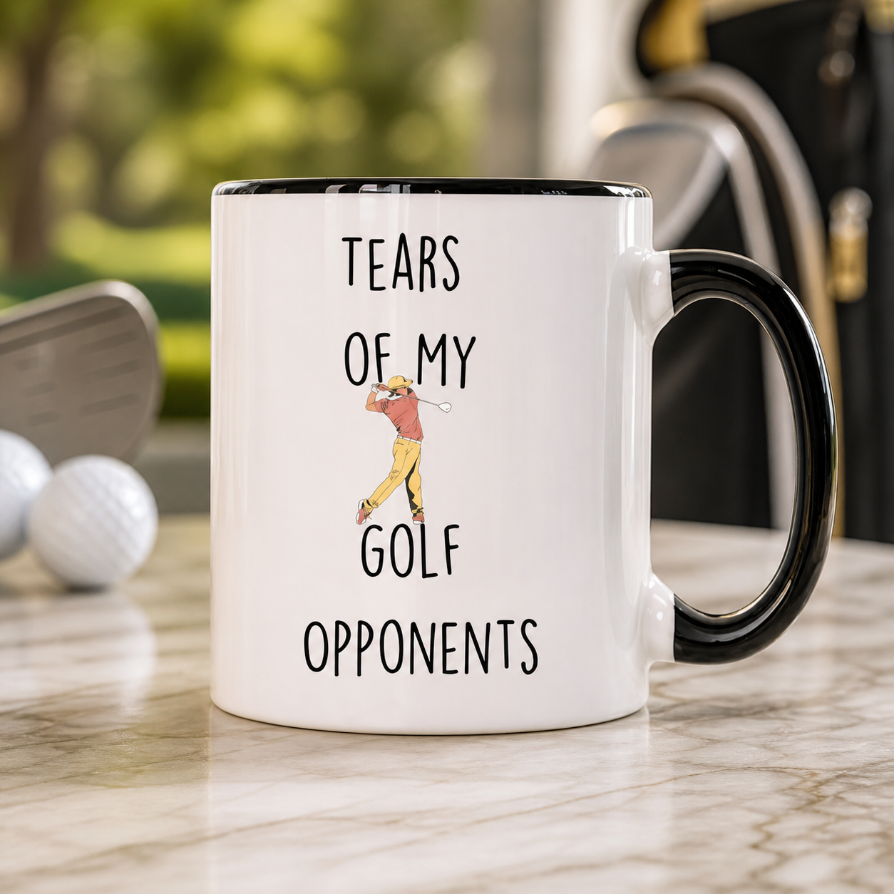 Tears of My Golf Opponents black accent mug in a golf lifestyle setting
