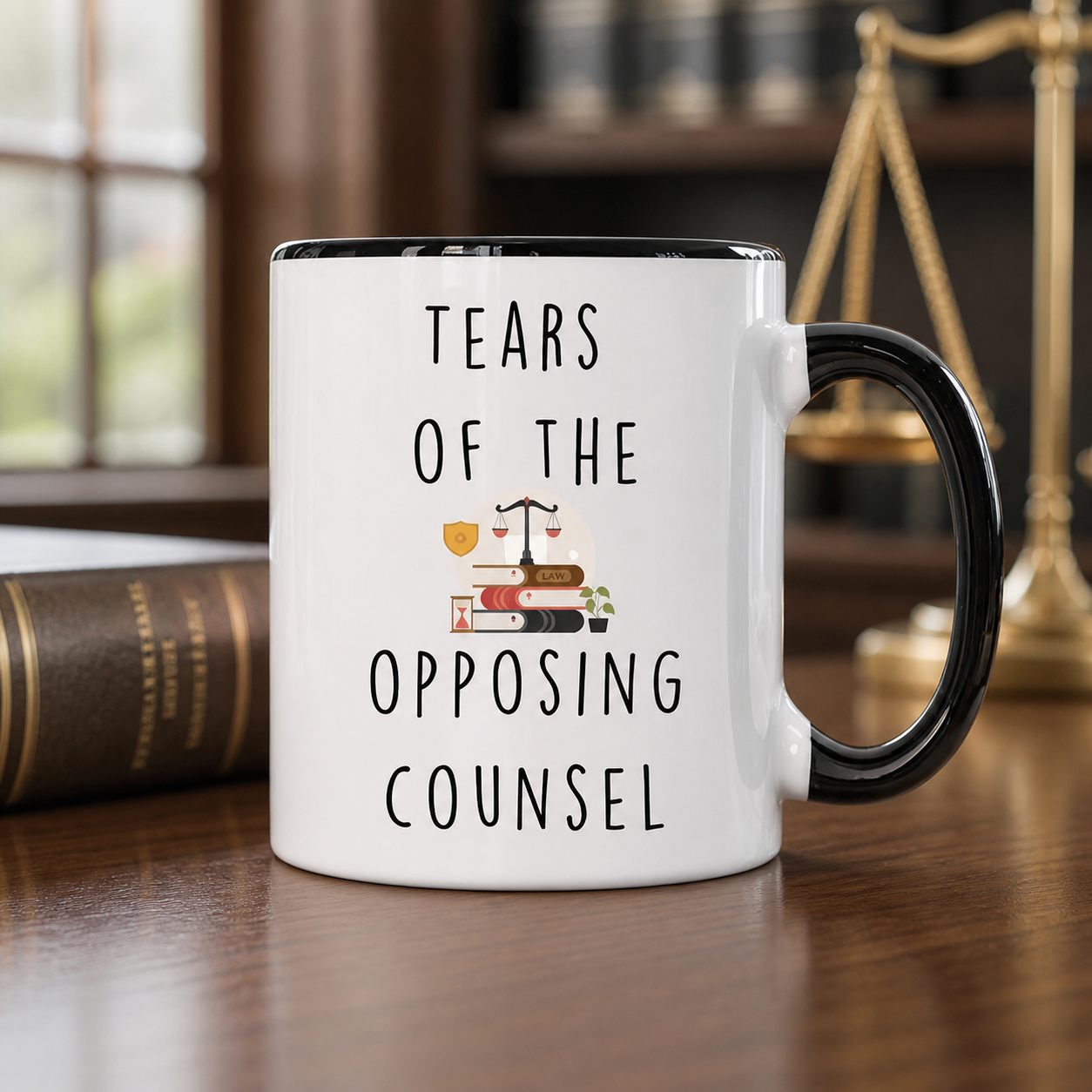 Tears of the Opposing Counsel black accent mug in a law office setting