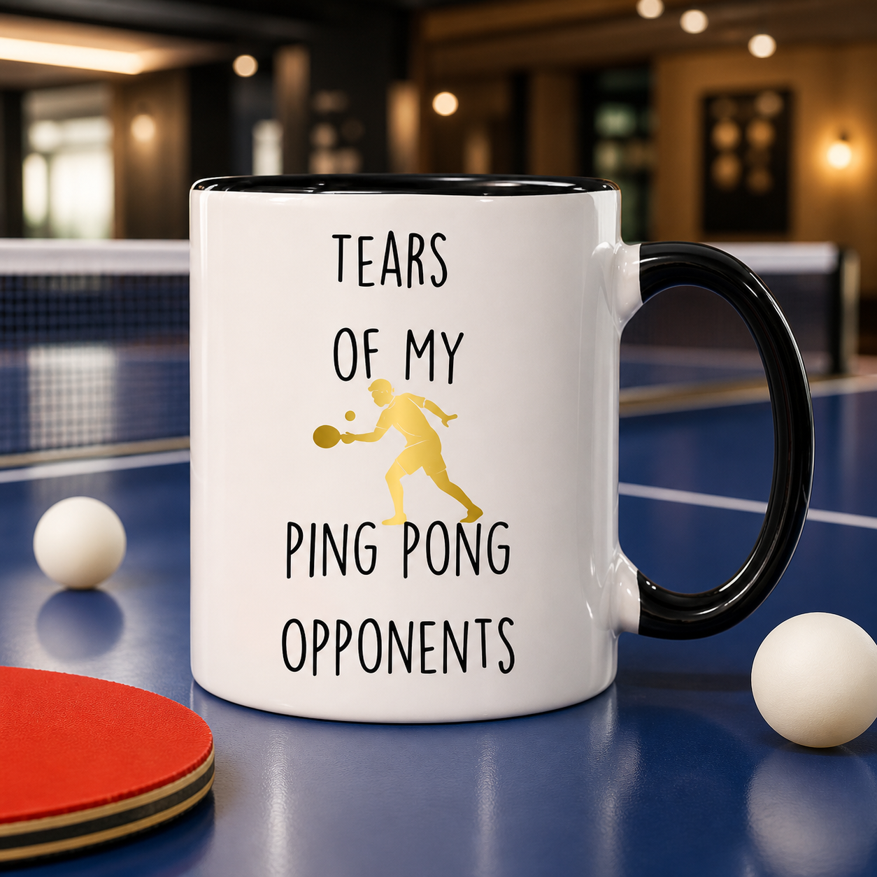 Tears of My Ping Pong Opponents black accent mug in a table tennis lifestyle setting