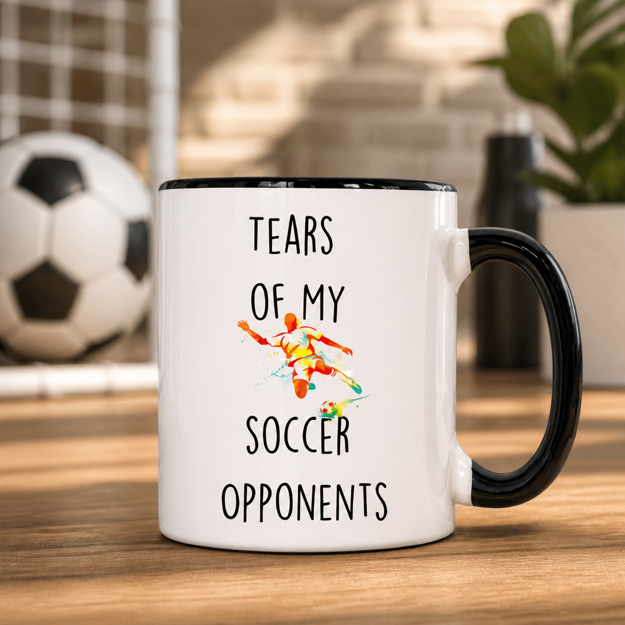 Tears of My Soccer Opponents black accent mug in a soccer lifestyle setting