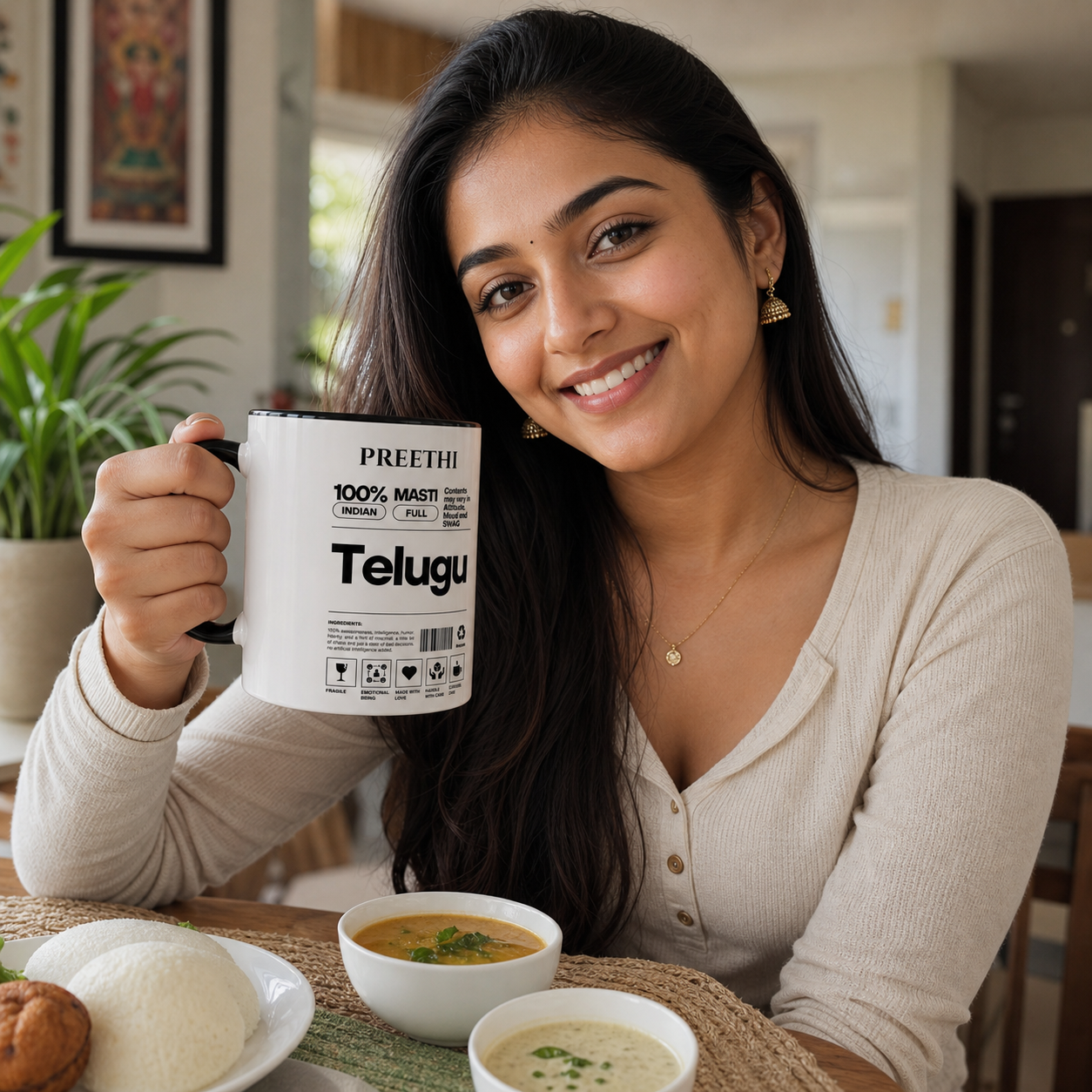 Young Telugu woman holding personalized black-accent Telugu Desi Roots mug
