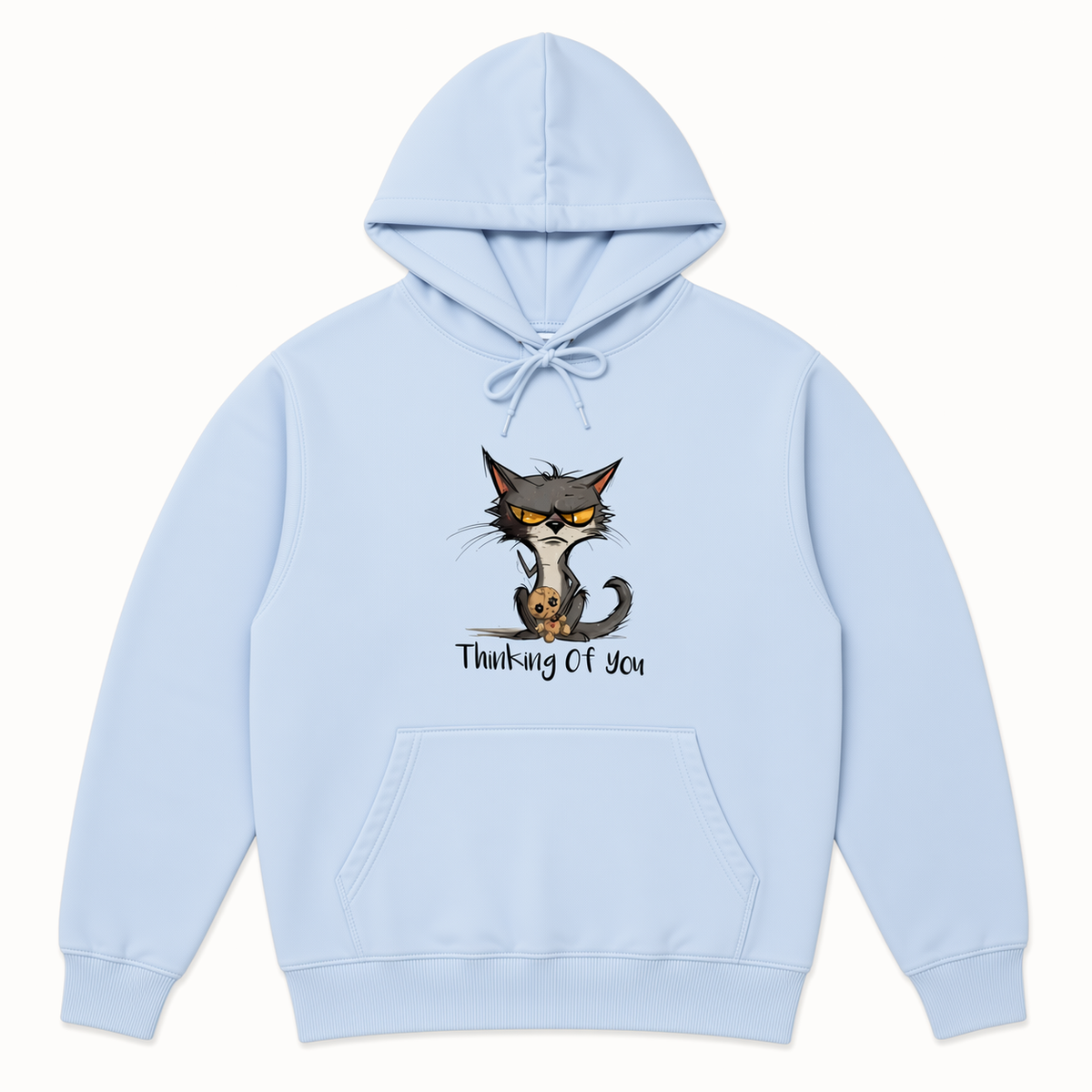 Thinking of You cat graphic light blue hoodie front product image