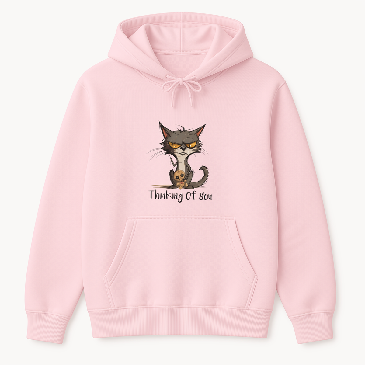 Thinking of You cat graphic light pink hoodie front product image