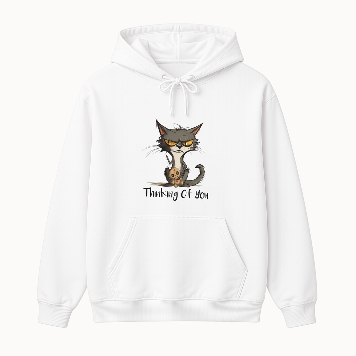 Thinking of You cat graphic white hoodie front product image