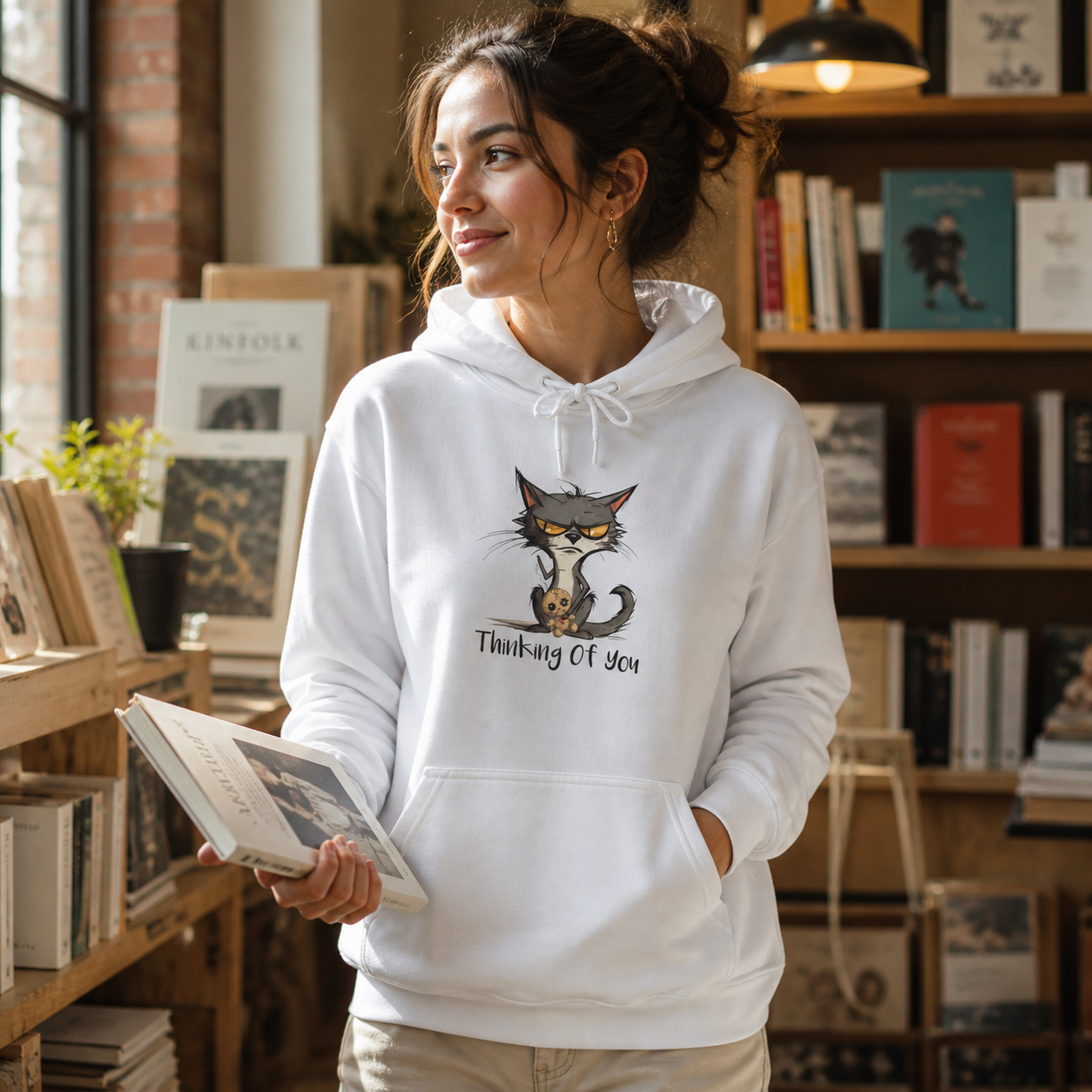 Woman wearing Thinking of You grumpy cat graphic hoodie in a cozy lifestyle setting