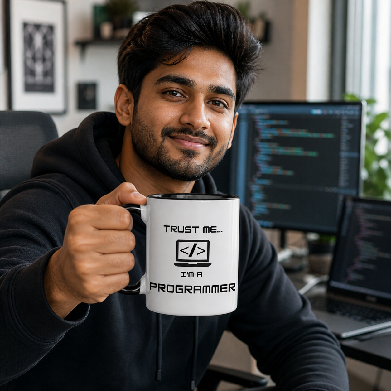Young programmer holding black-accent Trust Me I am a Programmer mug
