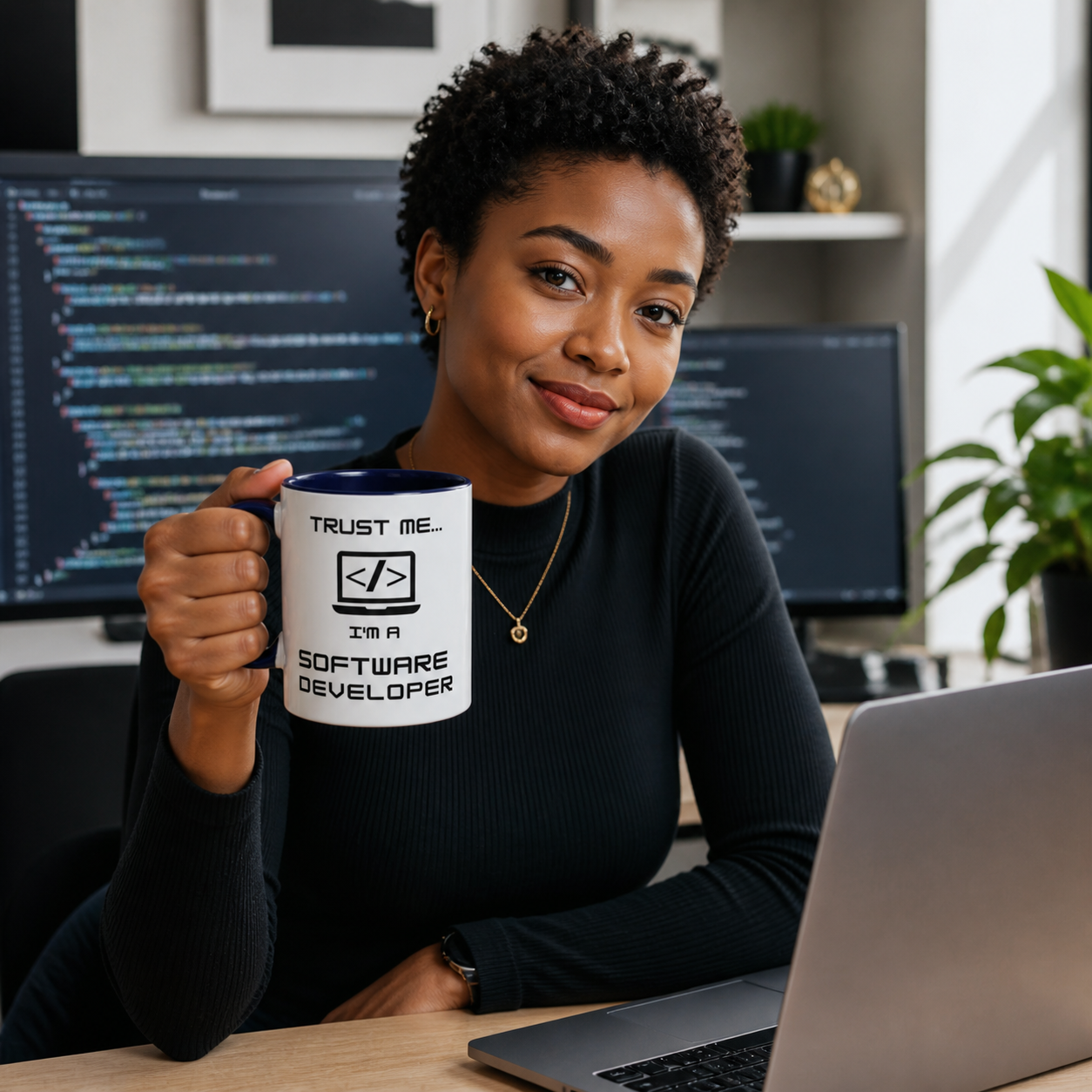 Young software developer holding dark-blue-accent Trust Me mug at her workstation