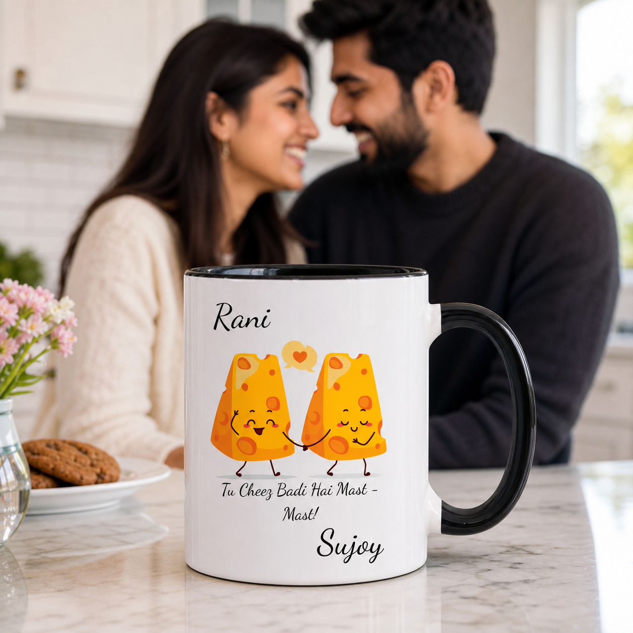 Personalized Tu Cheez Badi Hai Mast black accent mug lifestyle image