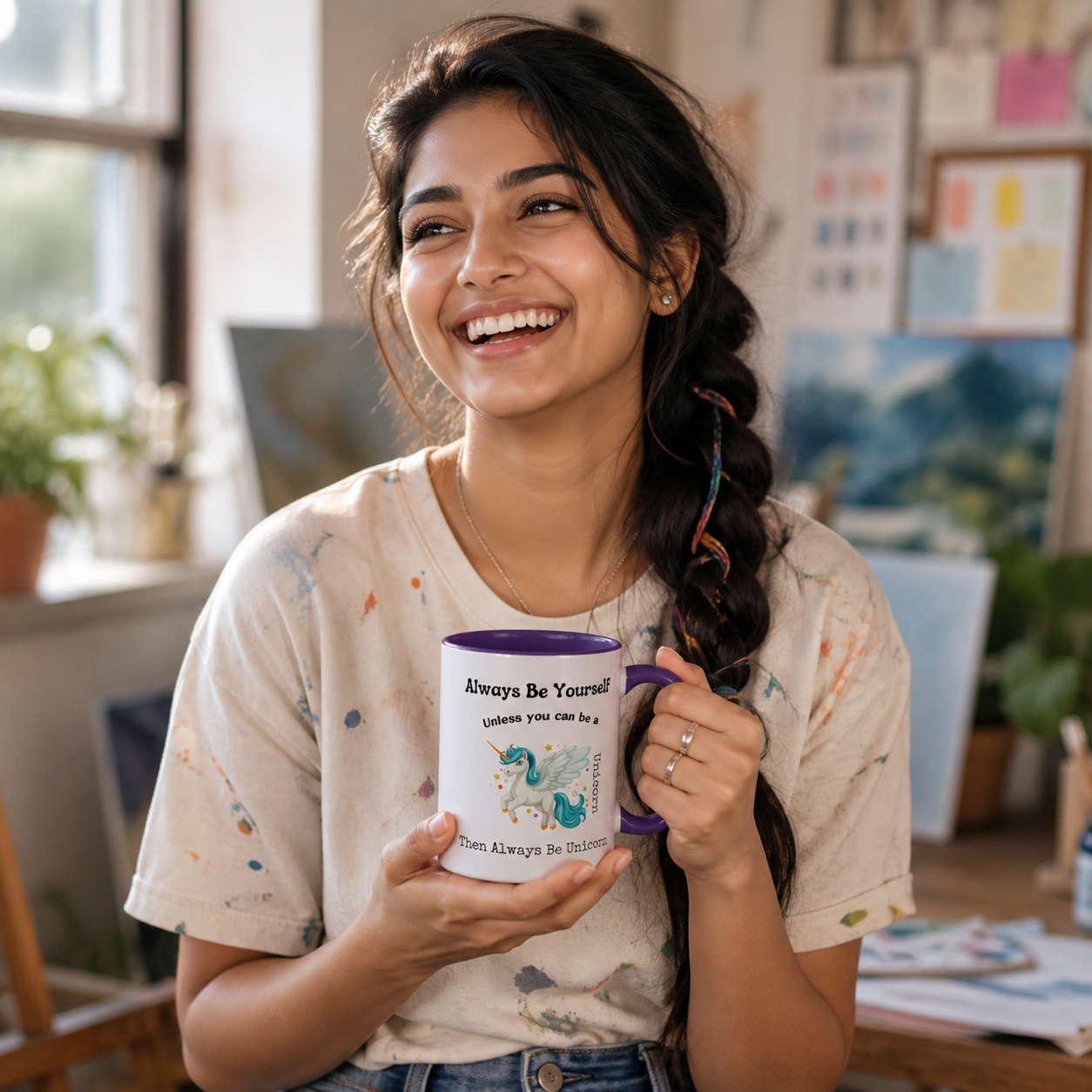 Young woman holding purple-accent Always Be Yourself unicorn mug in a creative studio