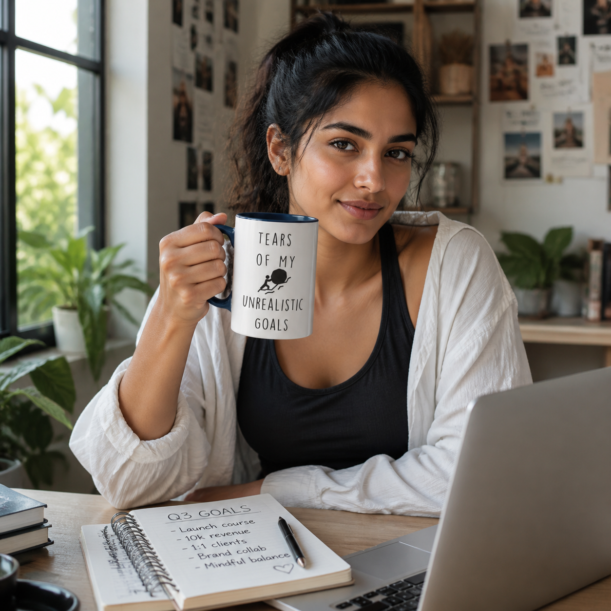 Young entrepreneur holding dark-blue-accent Tears of My Unrealistic Goals mug