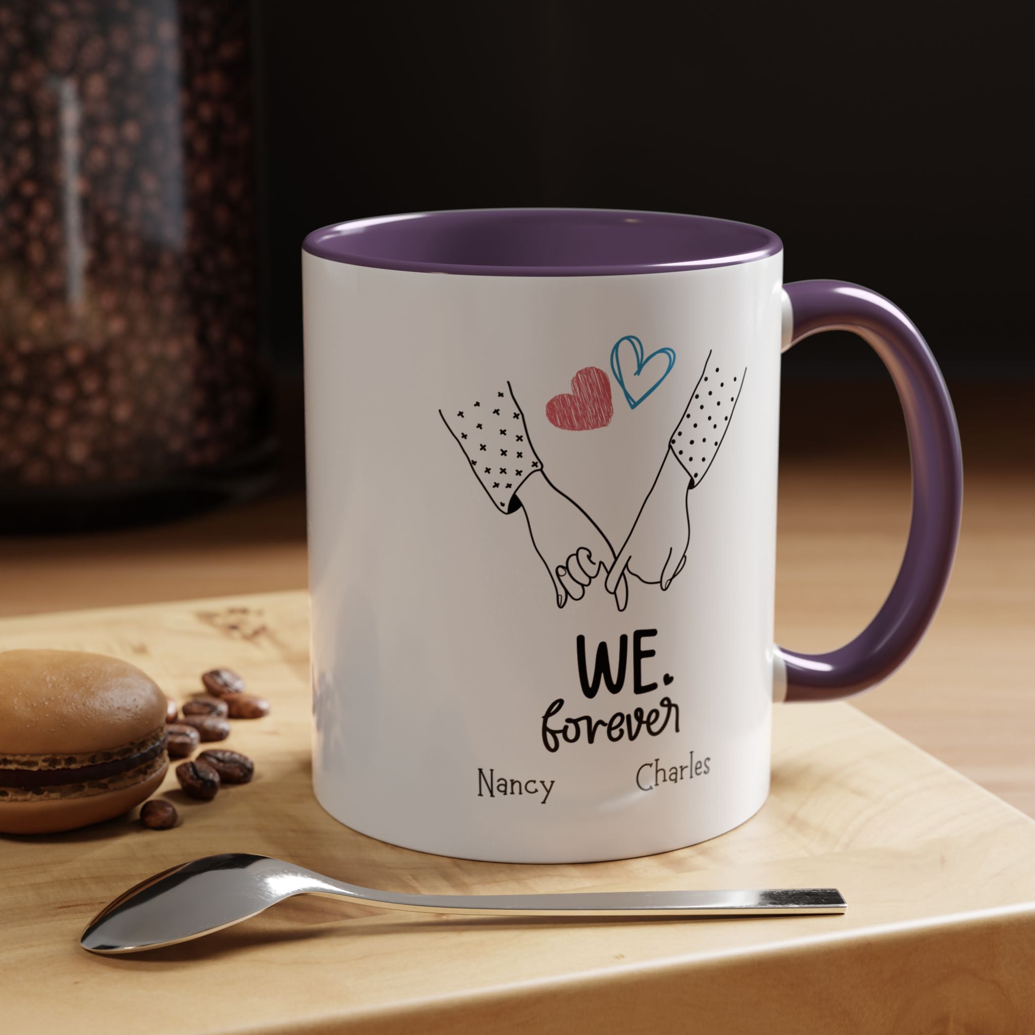 We Heart Forever Personalized Romantic Mug for Spouse, GF or BF , Accent Cup 11/15oz, Anniversary Valentines, V-Day, Customized Couples Gift
