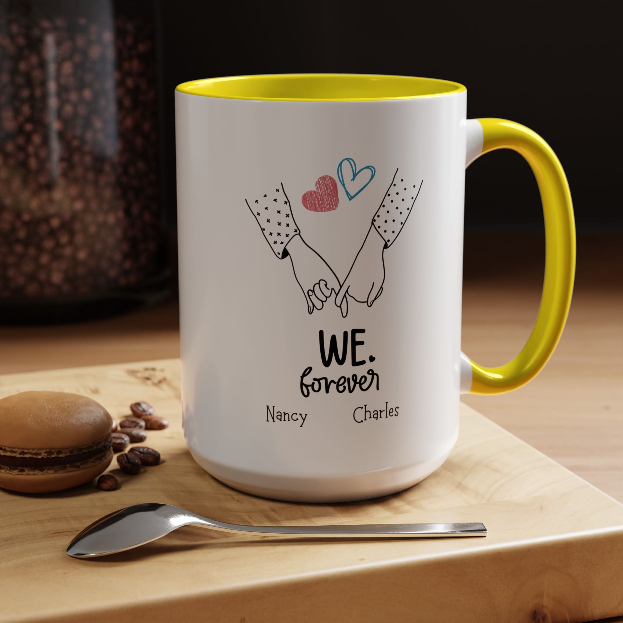 We Heart Forever Personalized Romantic Mug for Spouse, GF or BF , Accent Cup 11/15oz, Anniversary Valentines, V-Day, Customized Couples Gift