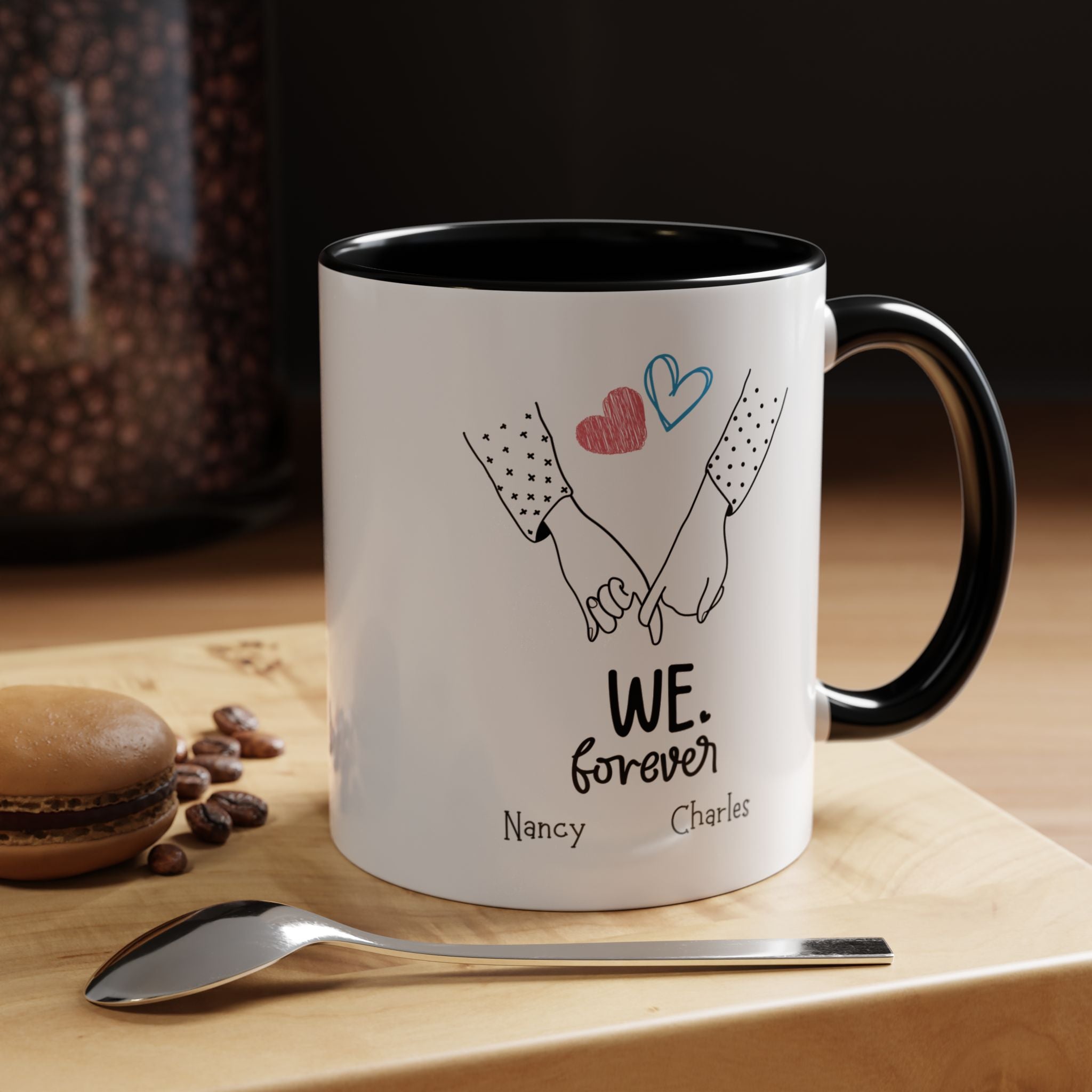We Heart Forever Personalized Romantic Mug for Spouse, GF or BF , Accent Cup 11/15oz, Anniversary Valentines, V-Day, Customized Couples Gift