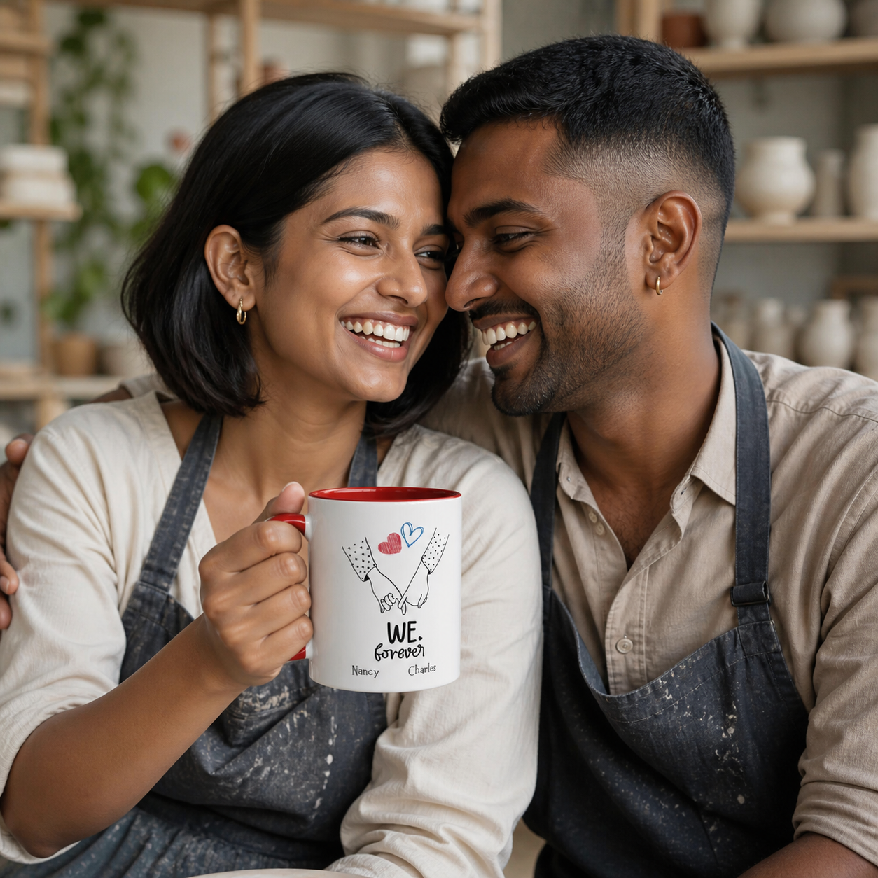 Young couple holding personalized red-accent We Heart Forever mug in a pottery studio
