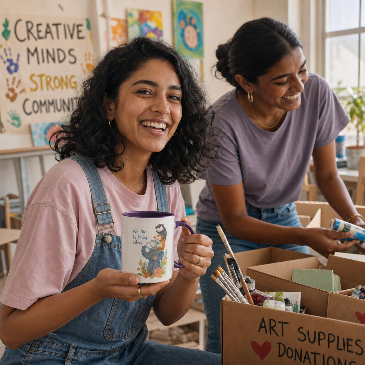 Young women volunteering with purple-accent We Rise by Lifting Others mug in an art studio