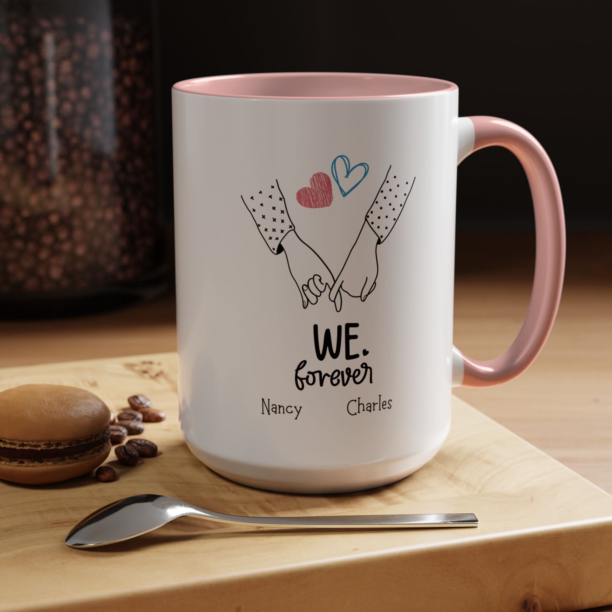 We Heart Forever Personalized Romantic Mug for Spouse, GF or BF , Accent Cup 11/15oz, Anniversary Valentines, V-Day, Customized Couples Gift