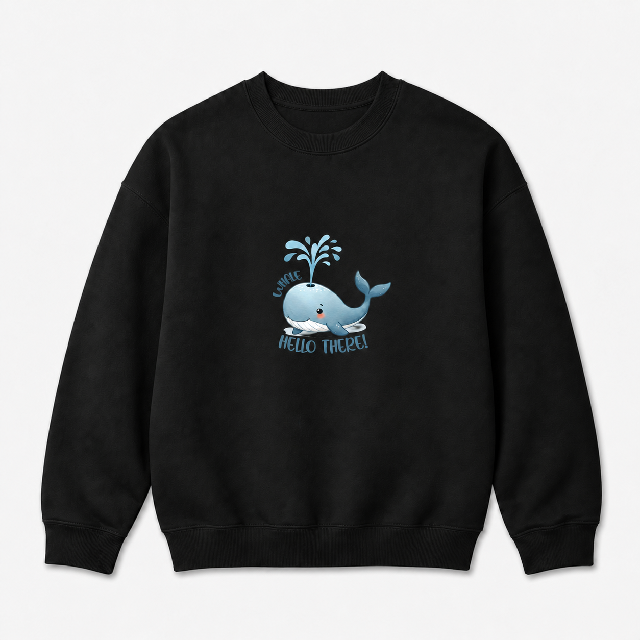 Cute Whale Hello There graphic on black crewneck sweatshirt, front product image
