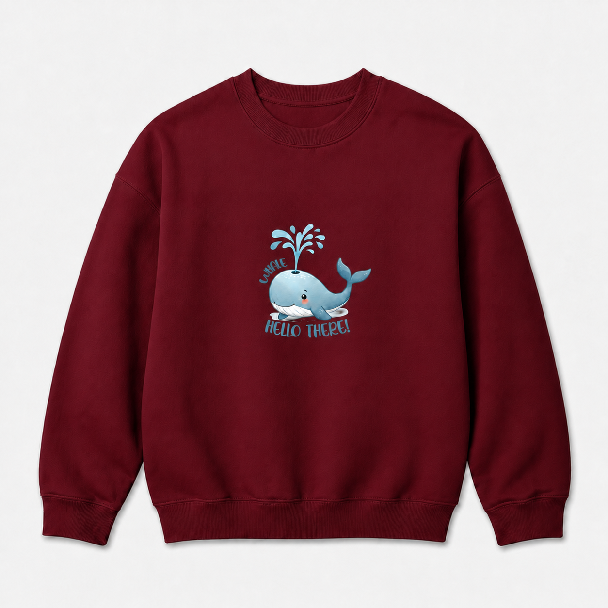Cute Whale Hello There graphic on cardinal red crewneck sweatshirt, front product image