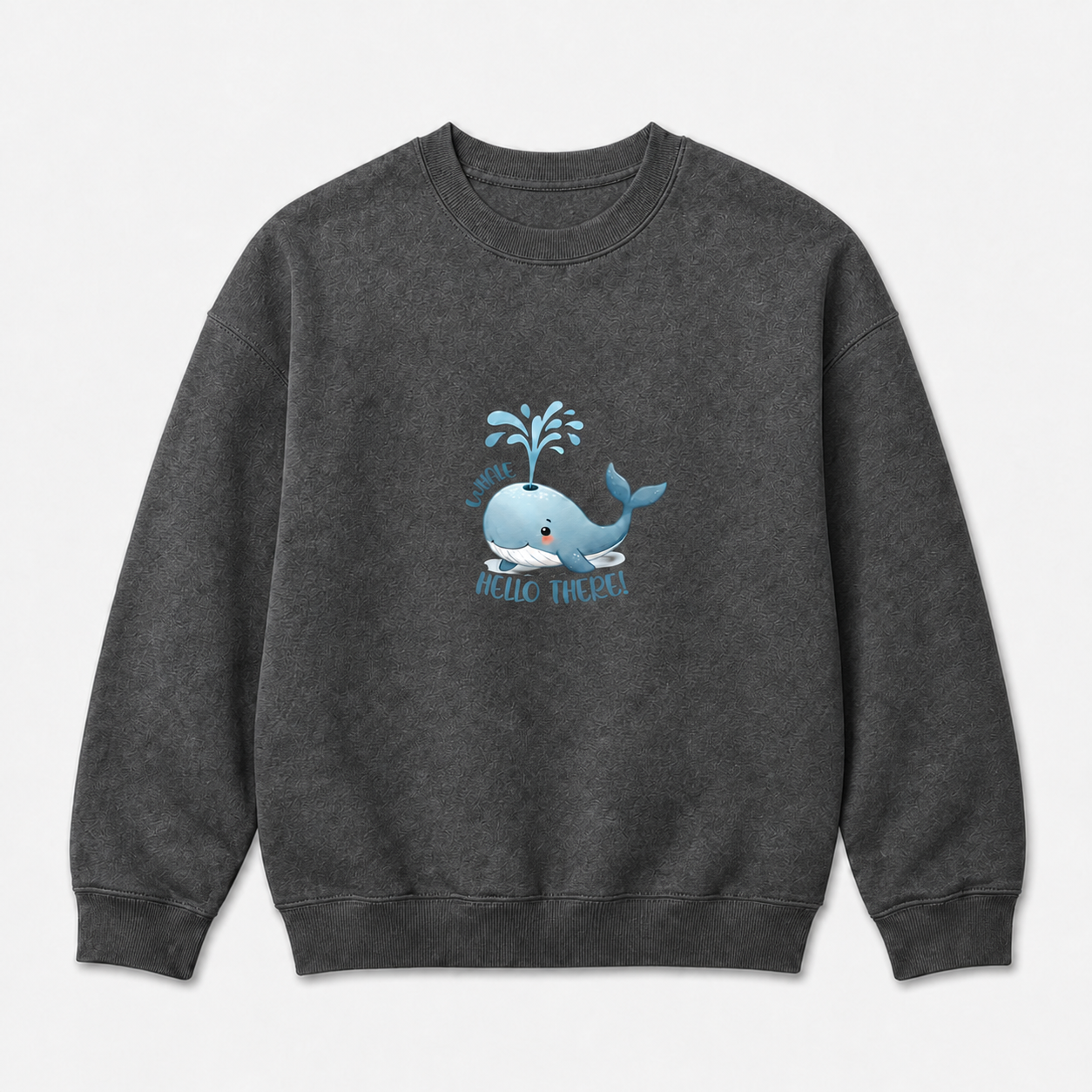 Cute Whale Hello There graphic on charcoal crewneck sweatshirt, front product image