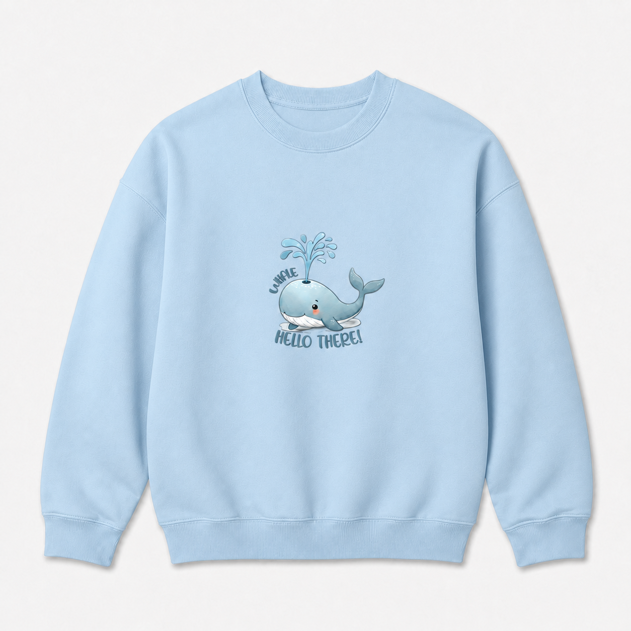 Cute Whale Hello There graphic on light blue crewneck sweatshirt, front product image