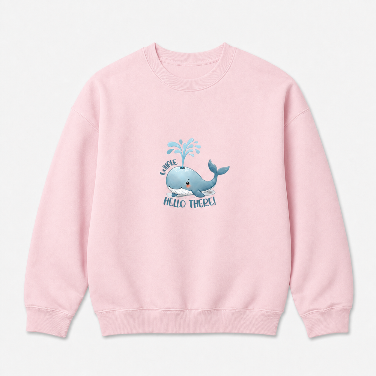Cute Whale Hello There graphic on light pink crewneck sweatshirt, front product image
