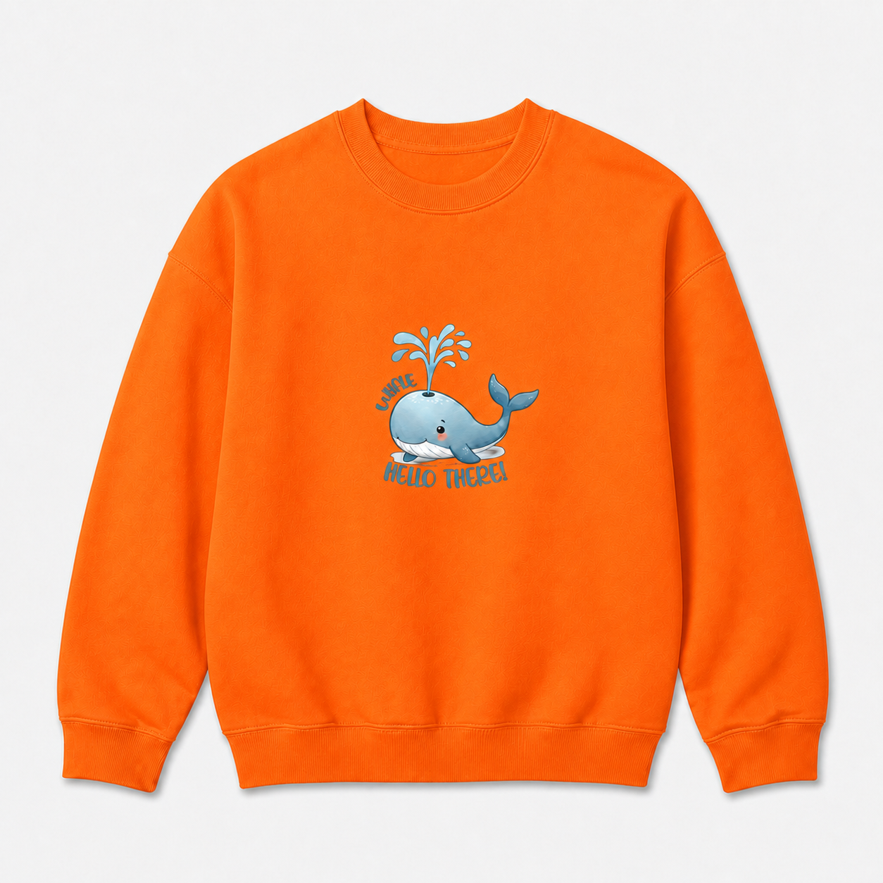 Cute Whale Hello There graphic on safety orange crewneck sweatshirt, front product image