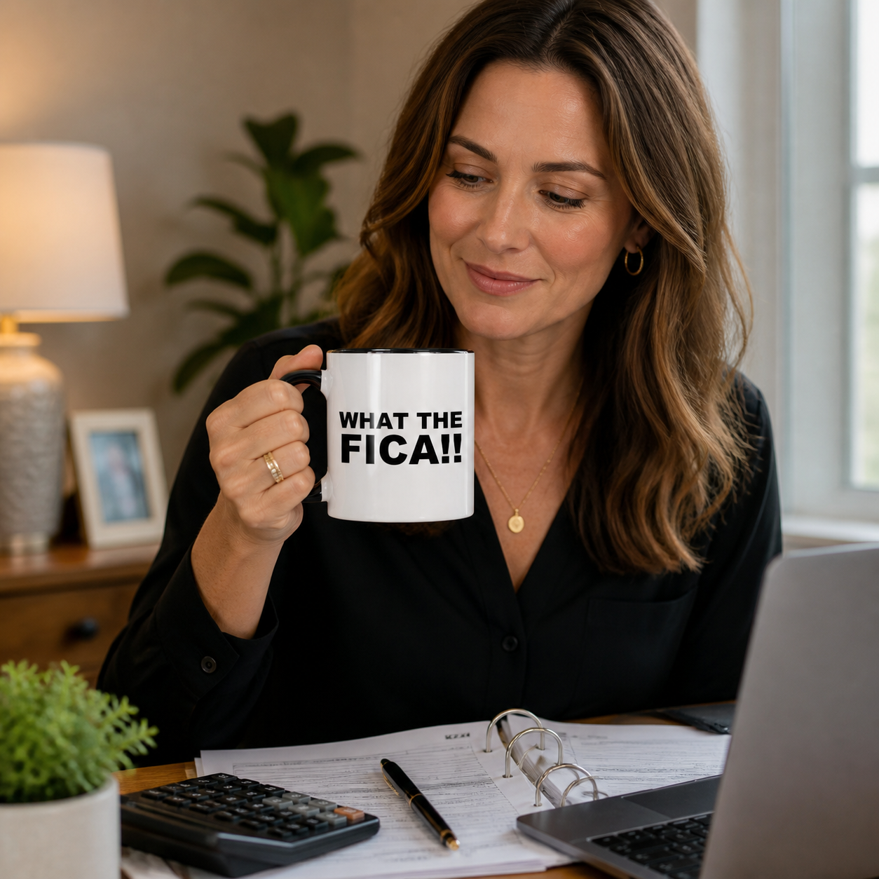 Woman accountant holding What the FICA funny accounting mug with black accent rim, handle, and interior
