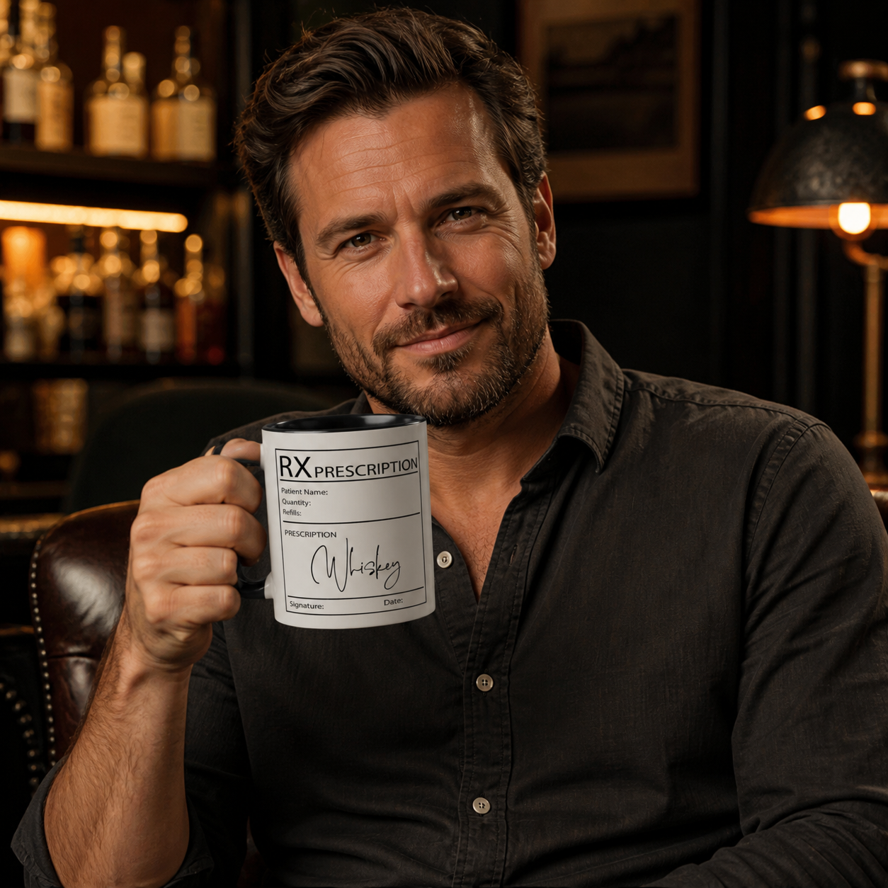 Man holding black accent whiskey prescription coffee mug in a home bar