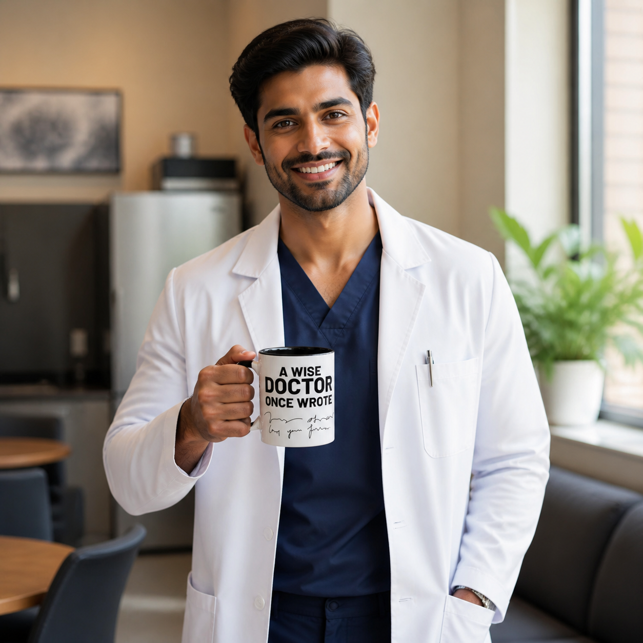 South Asian doctor holding personalized A Wise Doctor Once Wrote black-accent mug in a clinic break room